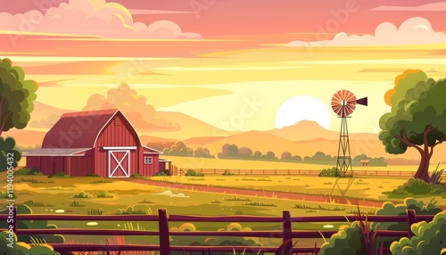 Red barn in a farm with a sunset and windmill in the background.