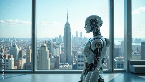 A humanoid robot stands poised before a vast window, its eyes reflecting curiosity. Its sleek black and silver arm contrasts with the stark whiteness of its face, facing away into the unknown