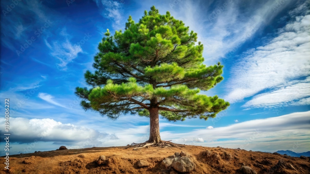Obraz premium A majestic pine tree rises from the earth, its trunk sturdy and strong, forest, root system, rugged terrain, tree anatomy, coniferous