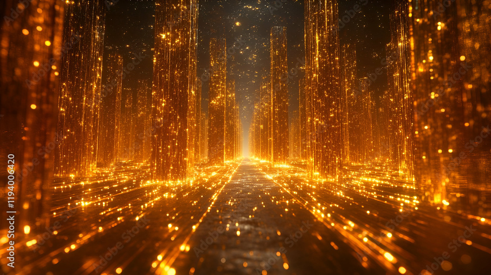 Fototapeta premium Golden city lights path, night, abstract, future