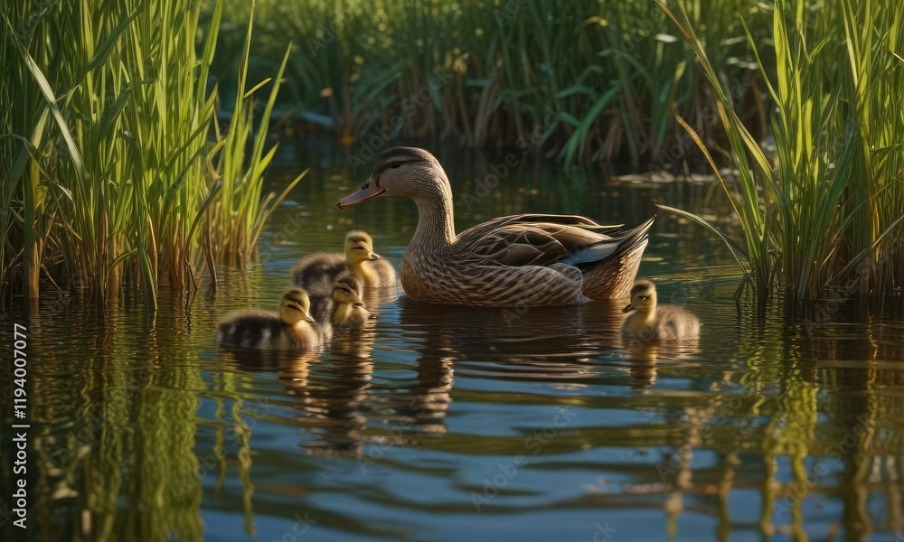 A mother duck and her ducklings waddle through the reeds on a lake, hiding place , natural habitat A mother duck and her ducklings waddle through the reeds on a lake, hiding place , natural habitat