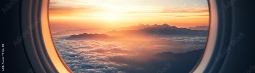 Stunning sunrise view from airplane window over clouds and mountains. Stunning sunrise view from airplane window over clouds and mountains.
