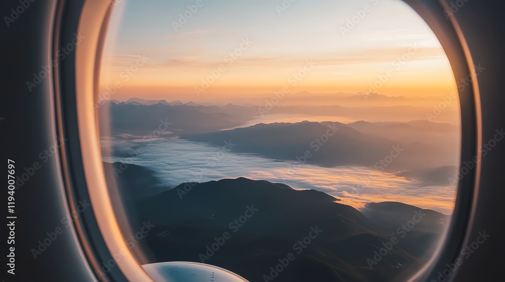 Scenic airplane window view during sunset over mountains and clouds. Scenic airplane window view during sunset over mountains and clouds.