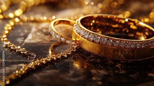 Golden wedding rings, necklace, marble, bokeh, jewelry photo