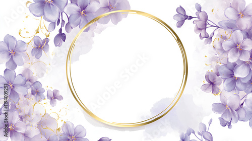 lavender circle with watercolor floral accents and a gold frame surrounded by delicate purple flowers in soft pastel shades like lilac and violet. Gold outlines on each flower add elegance  photo