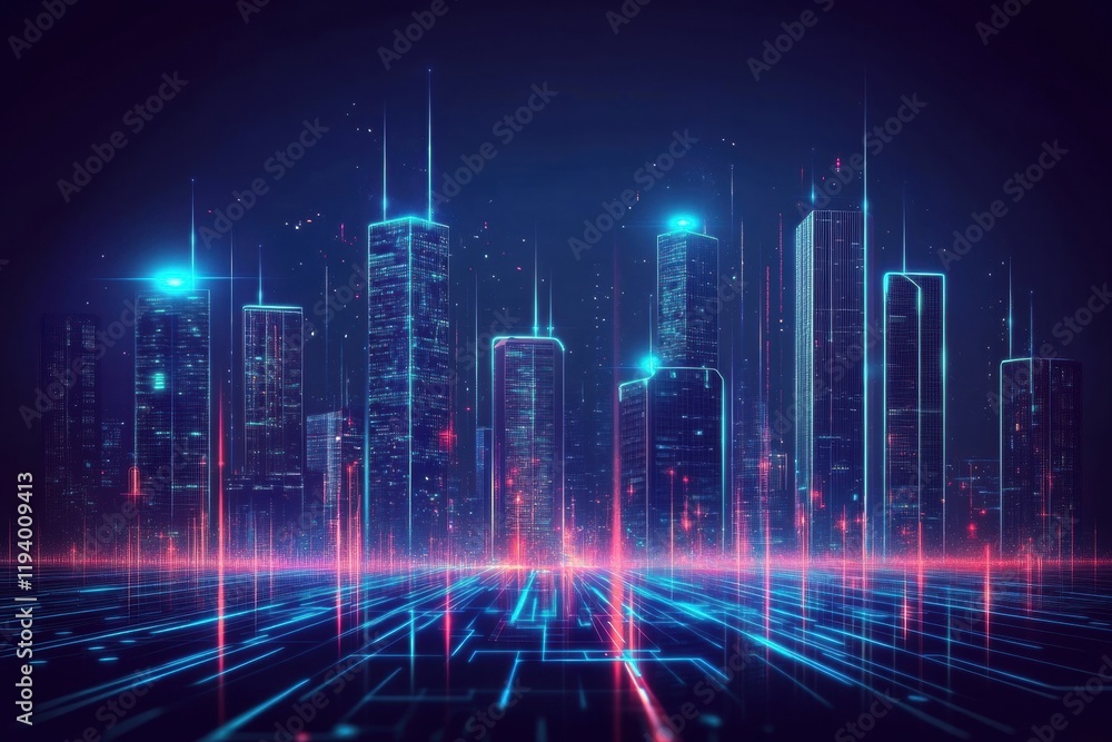 Glowing skyscrapers illuminate a vibrant cityscape with neon colors in the bustling urban night. Generative AI Glowing skyscrapers illuminate a vibrant cityscape with neon colors in the bustling urban night. Generative AI