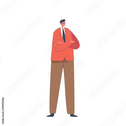 Single Male Character Wear Red Blazer and Trousers Stand with Crossed Arms. Positive Fashioned Business Man