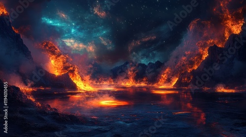 Wallpaper Mural Fiery volcanic lake, night sky, fantasy landscape, digital art, game background Torontodigital.ca