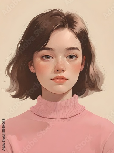 A portrait of a young woman with a soft expression. wearing a pink turtleneck sweater