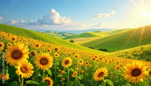 Wallpaper Mural Rolling hills with sunflowers and wheat in golden light, hills, Torontodigital.ca