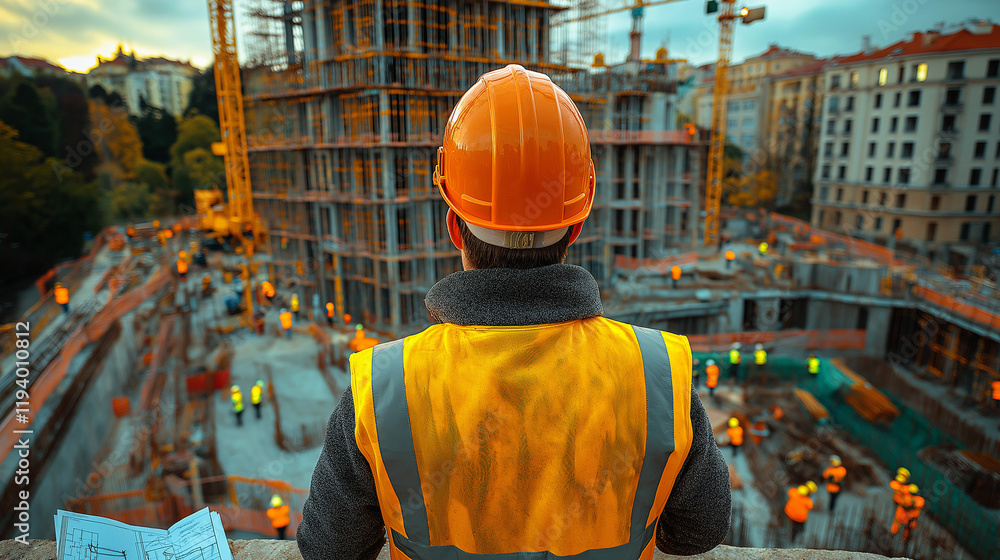 Naklejka premium Lead engineer on a construction site, overseeing the building process and ensuring safety standards are met.