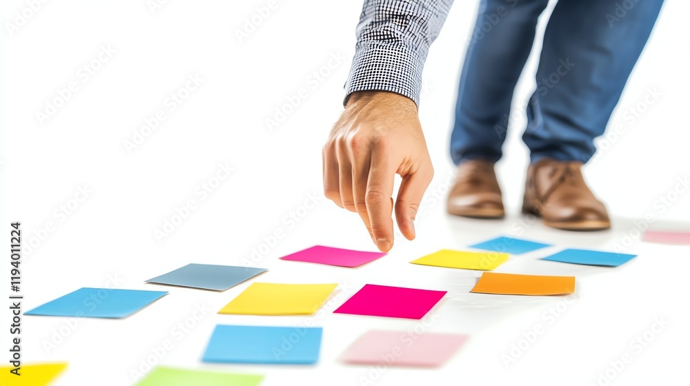 Person placing colorful sticky notes on a white background. Person placing colorful sticky notes on a white background.