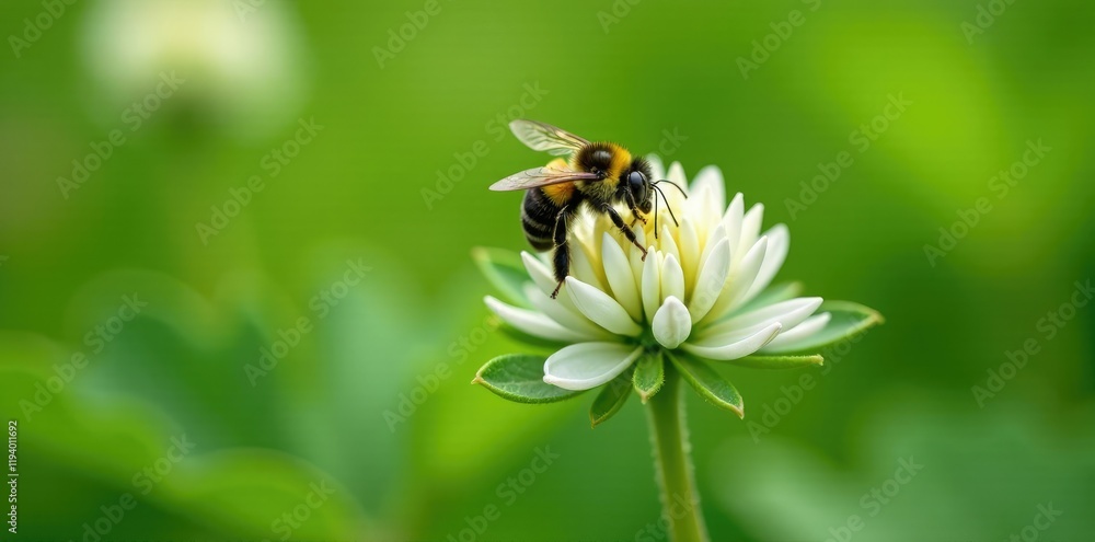 Small garden bumblebee on a white clover stalk in bloom, bumblebee, stem Small garden bumblebee on a white clover stalk in bloom, bumblebee, stem