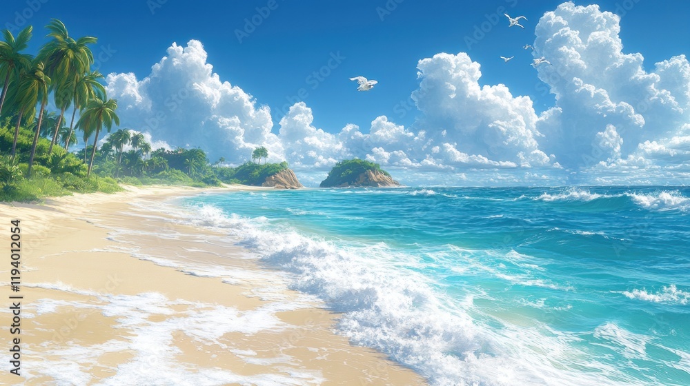 Tropical beach paradise, ocean waves, palm trees, sunny sky, idyllic vacation Tropical beach paradise, ocean waves, palm trees, sunny sky, idyllic vacation