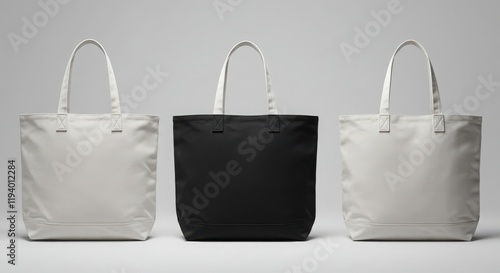 canvas tote bags, minimalist design, black and white, product photography, studio lighting, symmetrical composition, three identical bags