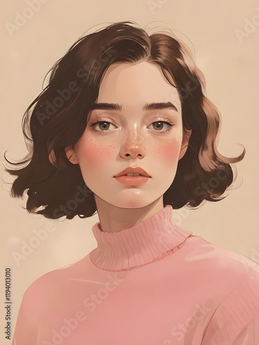 A portrait of a young woman with short. wavy dark hair. wearing a pink turtleneck sweater