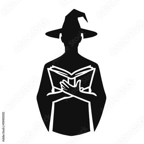 Schwarz-weiße Silhouette eines Zauberers mit einem Buch – KI generiert