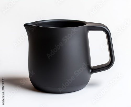 Black ceramic creamer pitcher with curved handle on white background. photo