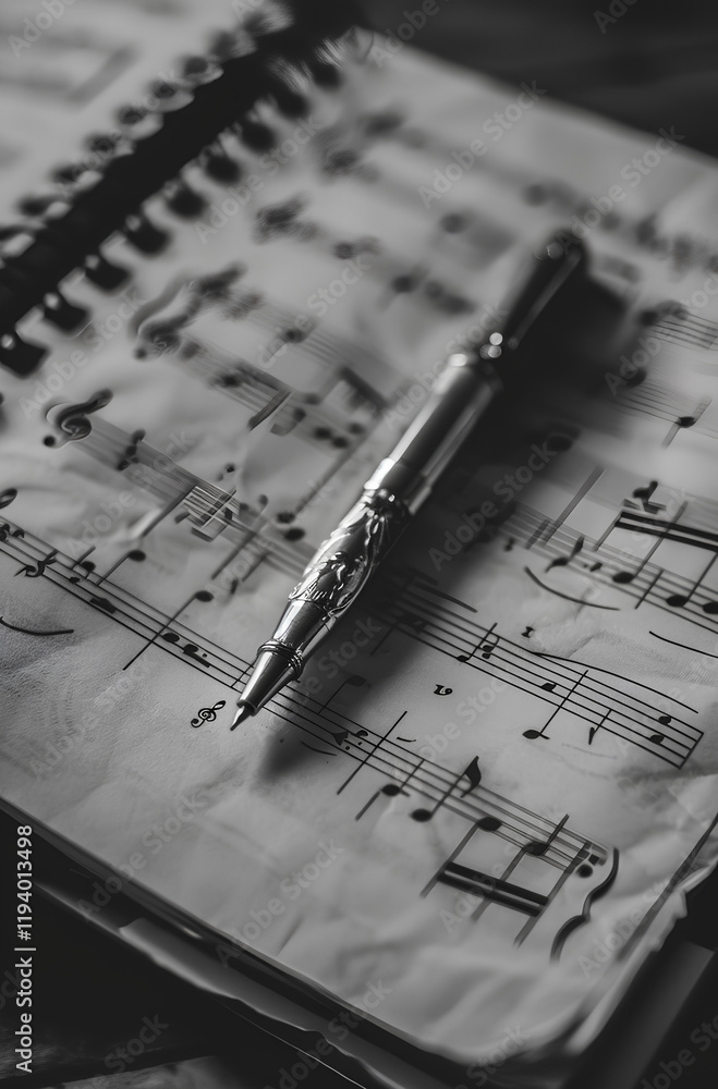Fototapeta premium pen writing on the white sheet of music, musical notes and staff drawn in black ink. The pen is silver with an engraved logo at its tip