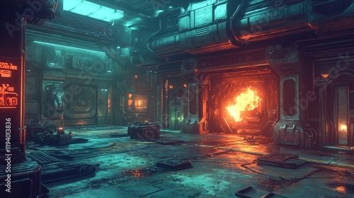 Wallpaper Mural Cyberpunk Spaceship Interior: Glowing Portal and Industrial Design Torontodigital.ca