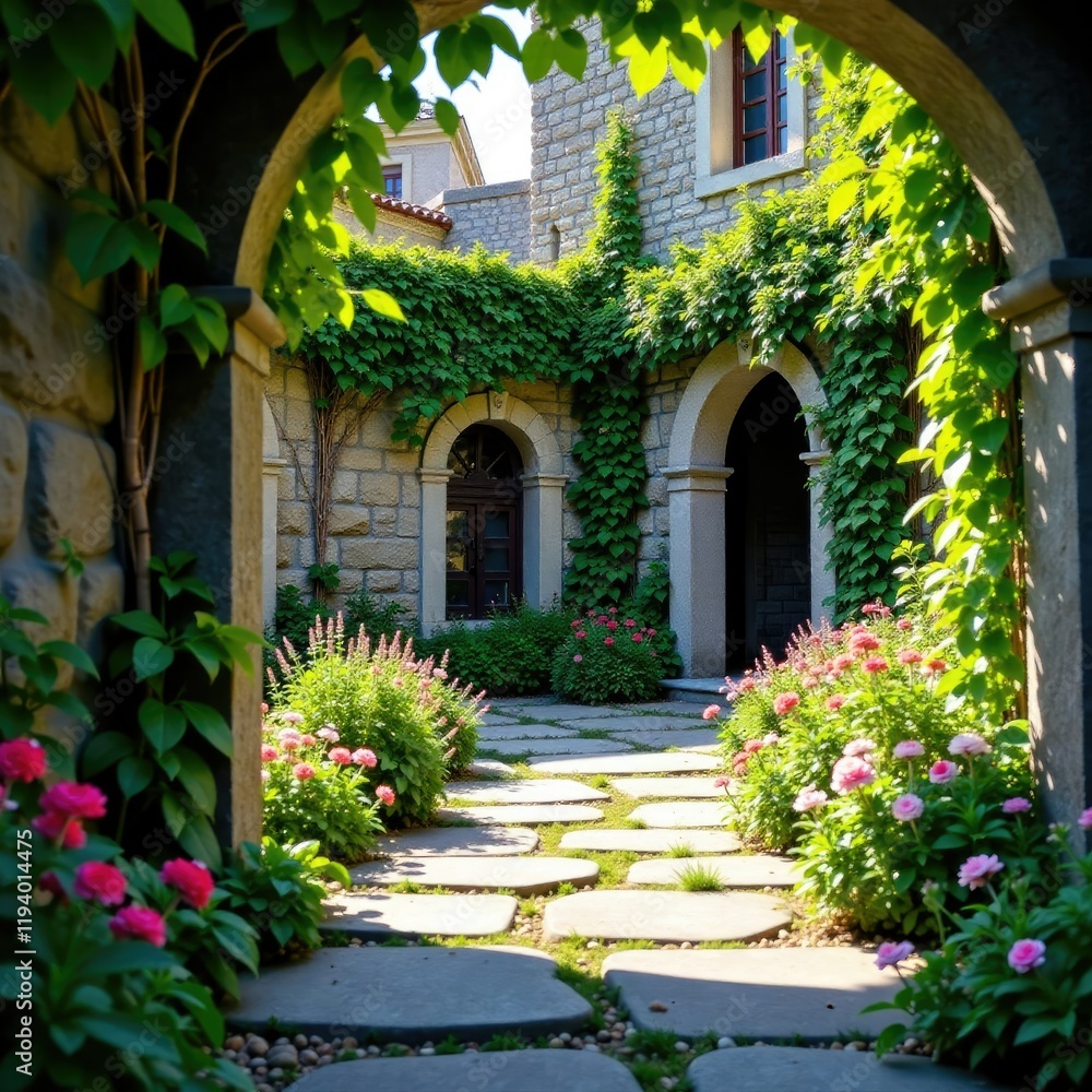 Fototapeta premium Stone pavement with vines and wildflowers in a secluded courtyard, stone, castle