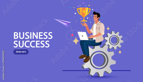 businessman running holding a trophy with joy. man winner success. Business achievement. Get reward and celebrate. creative projects. Cartoon vector illustration.