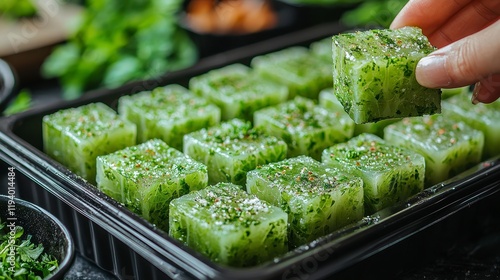 Frozen herb cubes in a black tray, ready to use. photo