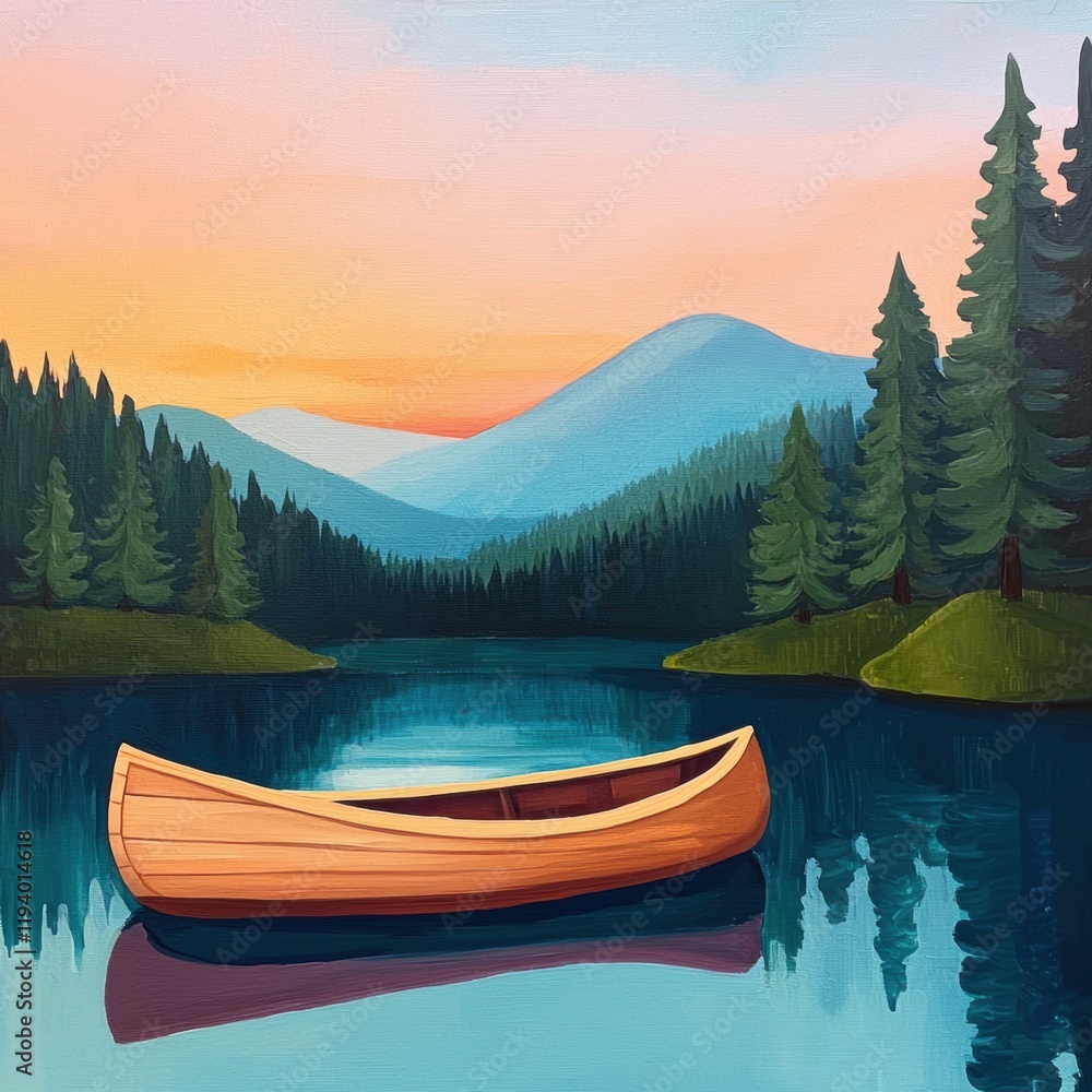 Serene Canoe on Calm Lake with Majestic Mountains in Background Serene Canoe on Calm Lake with Majestic Mountains in Background