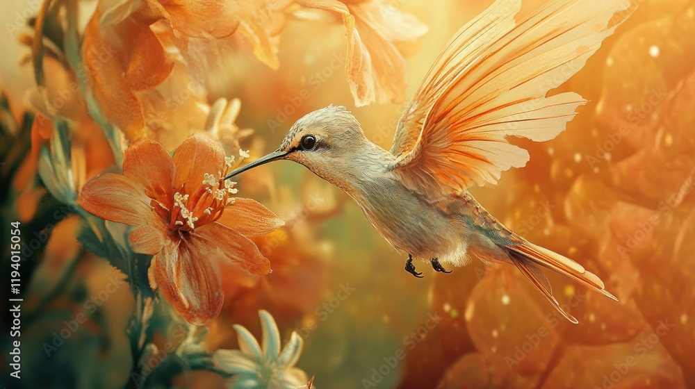 Naklejka premium Hummingbird feeding, flowers, garden, sunset, nature, poster