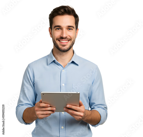 Portrait of handsome smiling man using a tablet computer.