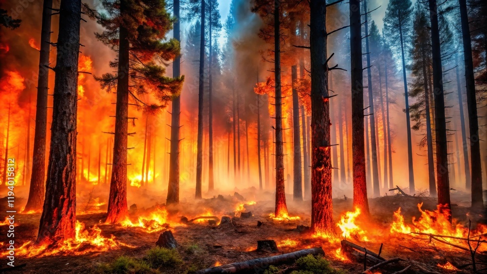 A fiery inferno engulfs the forest floor, casting an orange glow on the towering trees that stand tall amidst the smoke and flames. A fiery inferno engulfs the forest floor, casting an orange glow on the towering trees that stand tall amidst the smoke and flames.