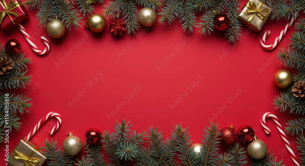 Christmas decorations, pine branches, red background, shiny ornaments, candy canes Christmas decorations, pine branches, red background, shiny ornaments, candy canes