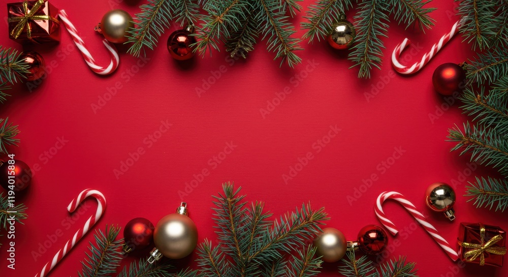 Christmas decorations, pine branches, red background, shiny ornaments, candy canes Christmas decorations, pine branches, red background, shiny ornaments, candy canes