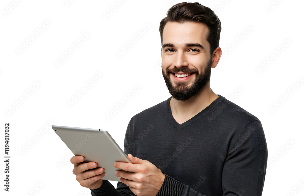 Portrait of handsome smiling man using a tablet computer. Portrait of handsome smiling man using a tablet computer.