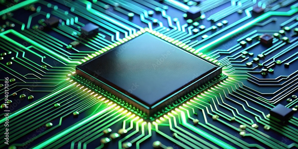 A glowing green circuit board with a central processor at its heart, representing the core of a complex technological system. A glowing green circuit board with a central processor at its heart, representing the core of a complex technological system.