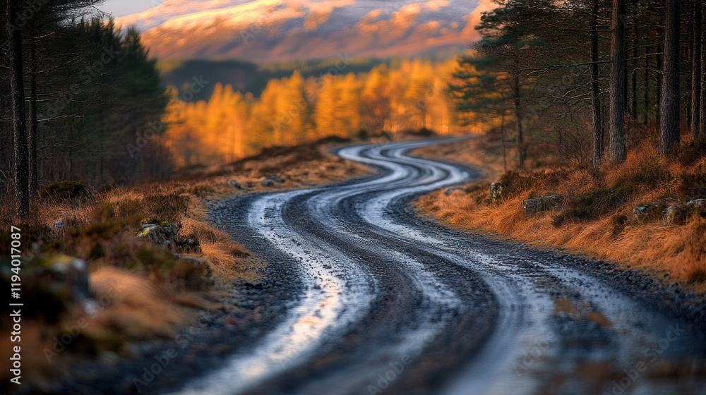 Fototapeta premium Winding autumn road through Scottish highlands, sunset