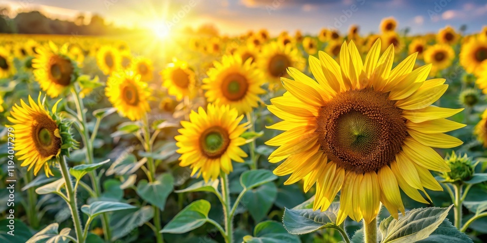 Fototapeta premium A Vibrant Field of Sunflowers Bathed in Golden Sunlight, a Symphony of Yellow Petals Facing the Horizon