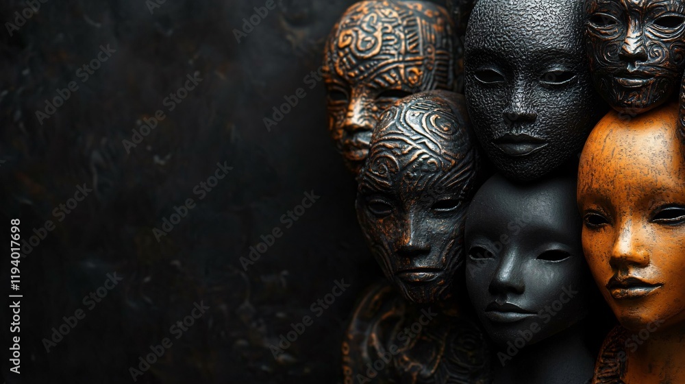 Artistic display of tribal masks on a textured black background, perfect for Black History Month, cultural appreciation events, or art exhibits. Artistic display of tribal masks on a textured black background, perfect for Black History Month, cultural appreciation events, or art exhibits.