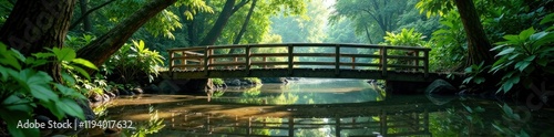 Wooden bridge spans across shallow river in rainforest, river, span photo