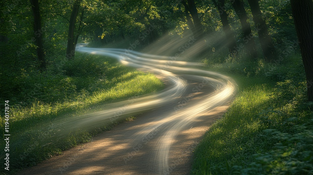 Obraz premium Winding forest road, sun rays, morning light, peaceful nature scene, travel poster