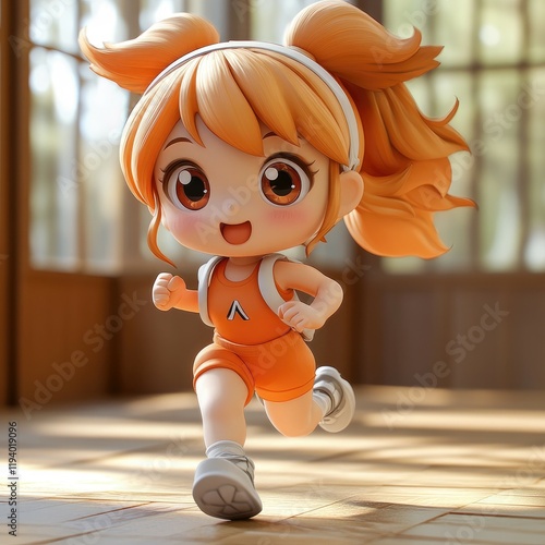 Adorable 3D Render of a Cute Girl Running Joyfully in Summer Sunshine.  A Playful and Energetic Digital Illustration of a Happy Child. photo