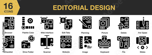 Editorial Design solid icon set. Includes design, graphic, layout, editorial, creative, and More. Solid icons vector collection.