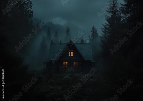 Fototapeta Naklejka Na Ścianę i Meble -  Foggy forest night cabin, glowing windows, mystery