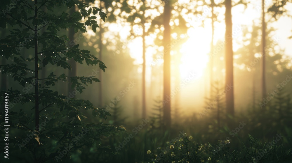 Misty Morning Light Through Trees in Serene Forest Landscape Misty Morning Light Through Trees in Serene Forest Landscape