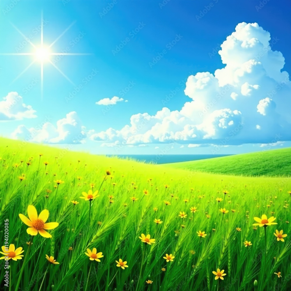 Blue cloudy sky with scattered yellow wildflowers amidst green wheat, blue sky, clouds, wheat Blue cloudy sky with scattered yellow wildflowers amidst green wheat, blue sky, clouds, wheat