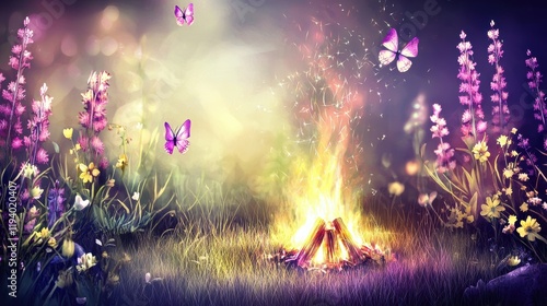 Enchanting campfire glow serene meadow digital art dreamy atmosphere close-up view nature's beauty photo