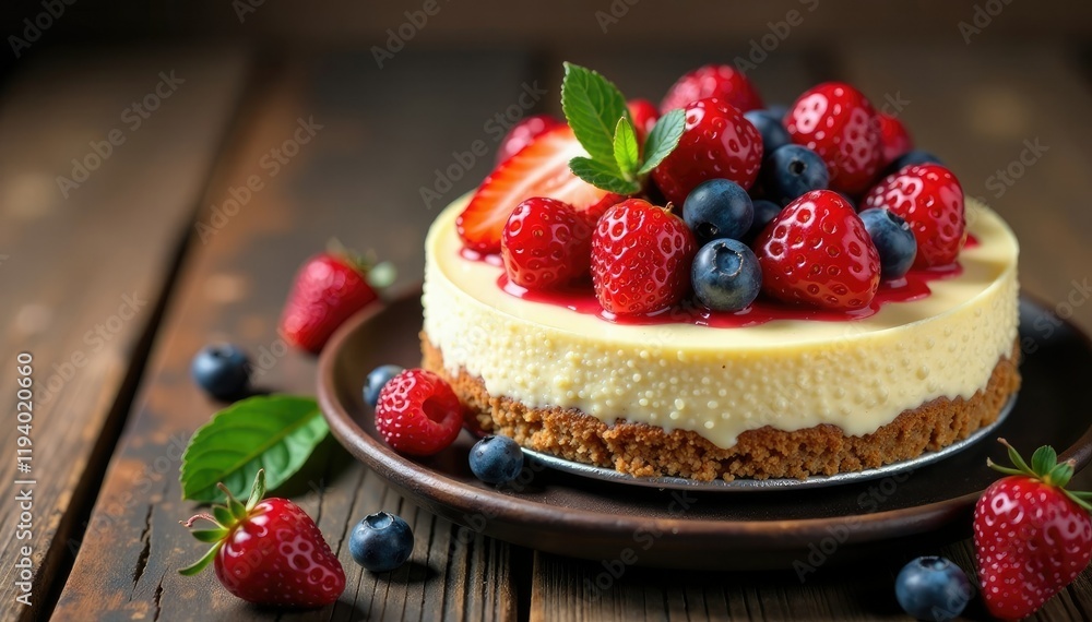 Creamy cheesecake with mixed berries atop a rustic wooden table, fresh, sweet, wood Creamy cheesecake with mixed berries atop a rustic wooden table, fresh, sweet, wood