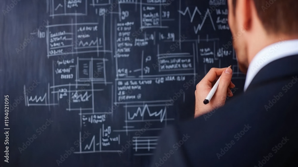 Business professional analyzing complex data and graphs on a chalkboard, showcasing insights and strategies in a corporate environment for decision-making. Business professional analyzing complex data and graphs on a chalkboard, showcasing insights and strategies in a corporate environment for decision-making.