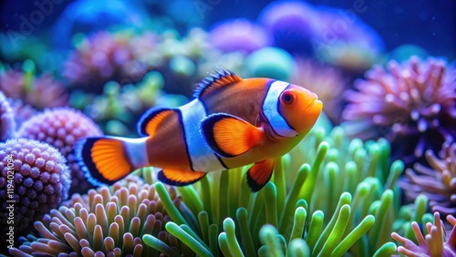 A vibrant clownfish with orange and white stripes swims through a lush underwater landscape of green anemones and delicate coral formations.