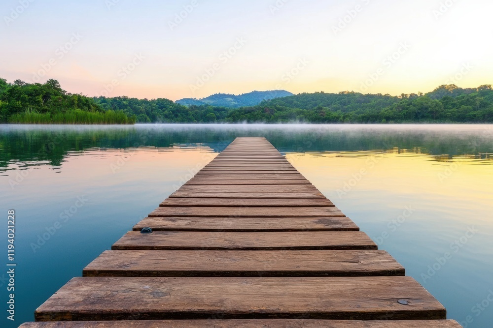 Tranquil Wooden Pier Extending Over Serene Misty Lake at Sunrise Tranquil Wooden Pier Extending Over Serene Misty Lake at Sunrise